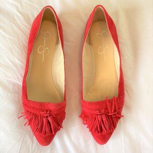 Jessica Simpson Suede Pointy Toe Red Fringe Flats